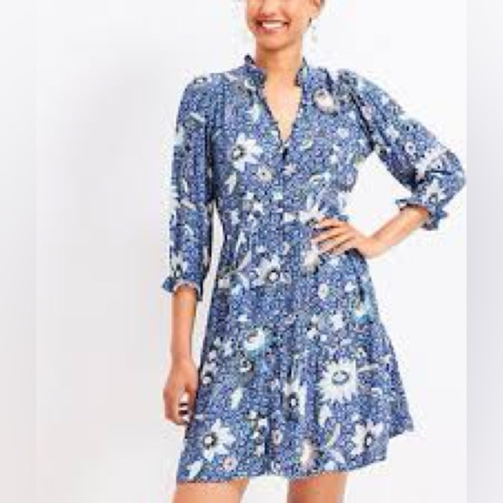Loft Dahlia Ruffle Button Swing Dress in Blue - Size Large